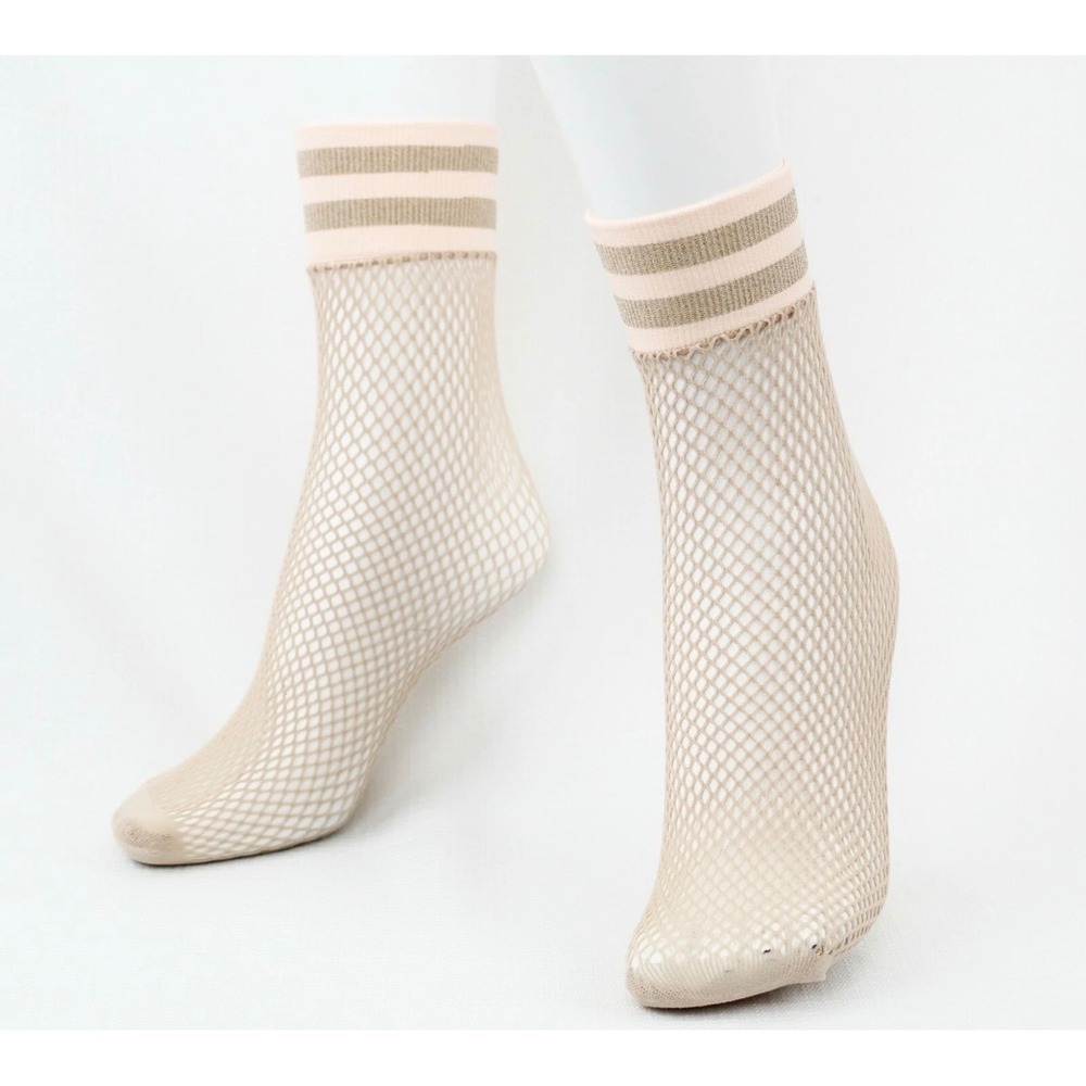 Free People Women Nude Fishnet Ankle Socks Striped Ribbed Cuff Sheer Mesh NWT